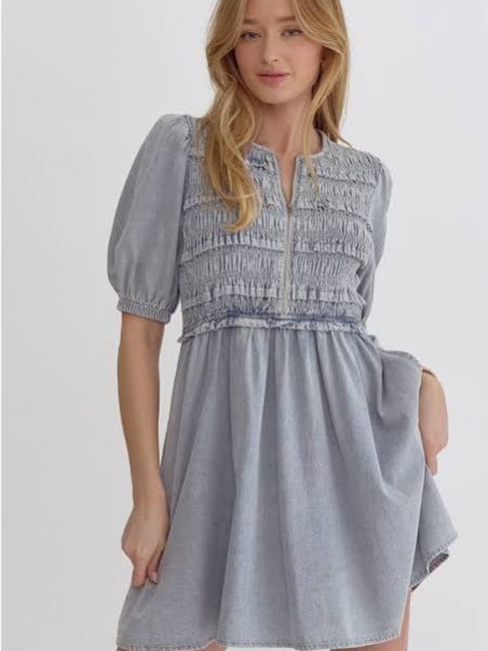 entro Light Blue Smocked Midi Dress with Zip Front